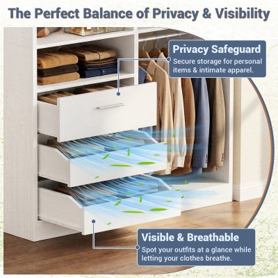 3FT Closet System with 6 Shelves, 2 Hanging Rod, Closed & 2 Half-Open Drawers