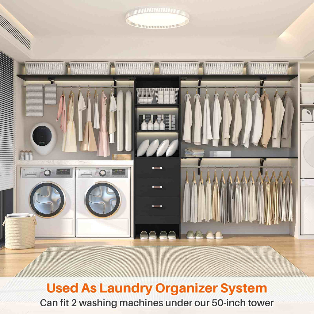 10FT Heavy Duty Closet System with 3 Wooden Drawers, 3 Shelving Towers and Expandable Rods