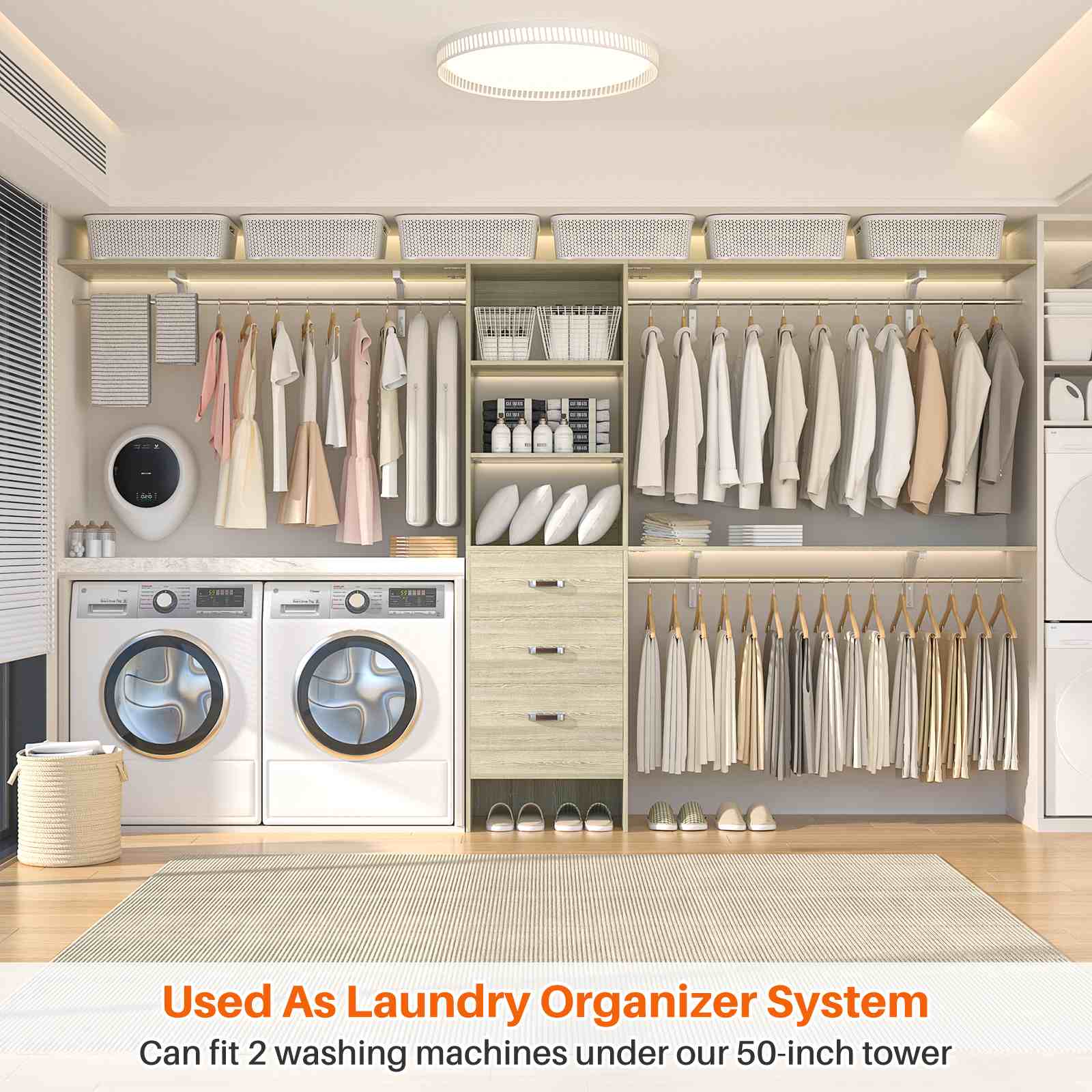 10FT Heavy Duty Closet System with 3 Wooden Drawers, 3 Shelving Towers and Expandable Rods
