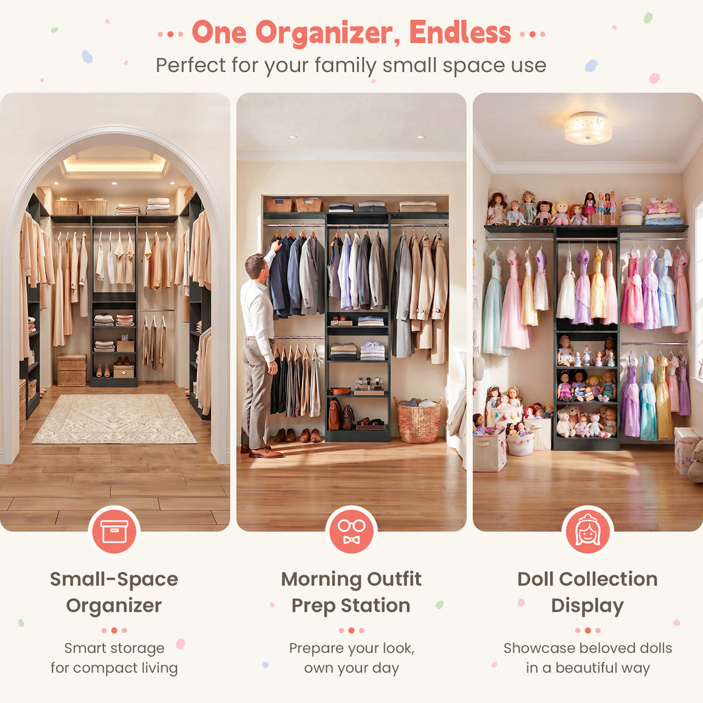 48" Small Closet System, Space-Saving Wall-Mounted Wardrobe Organizer, with 3 Adjustable Hanging Rods & 4 Shelves