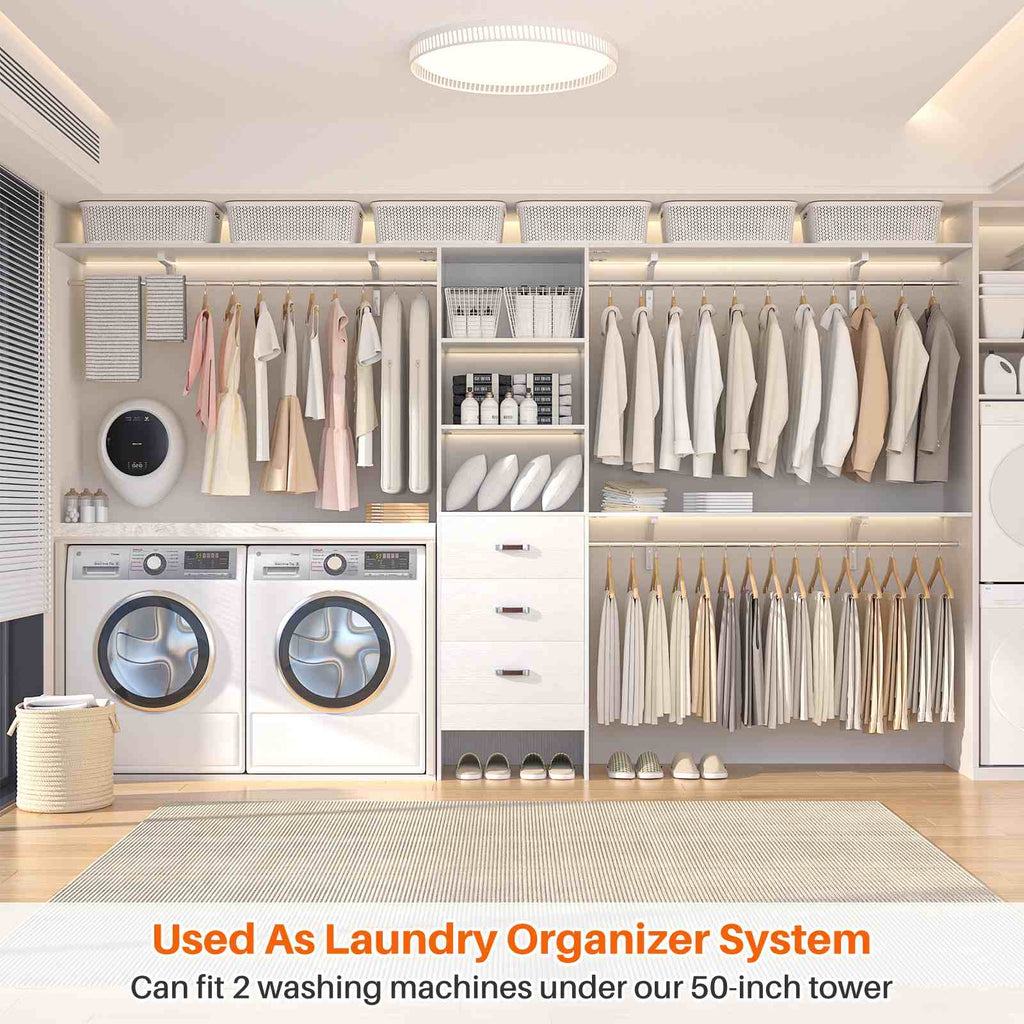 10FT Heavy Duty Closet System with 3 Wooden Drawers, 3 Shelving Towers and Expandable Rods