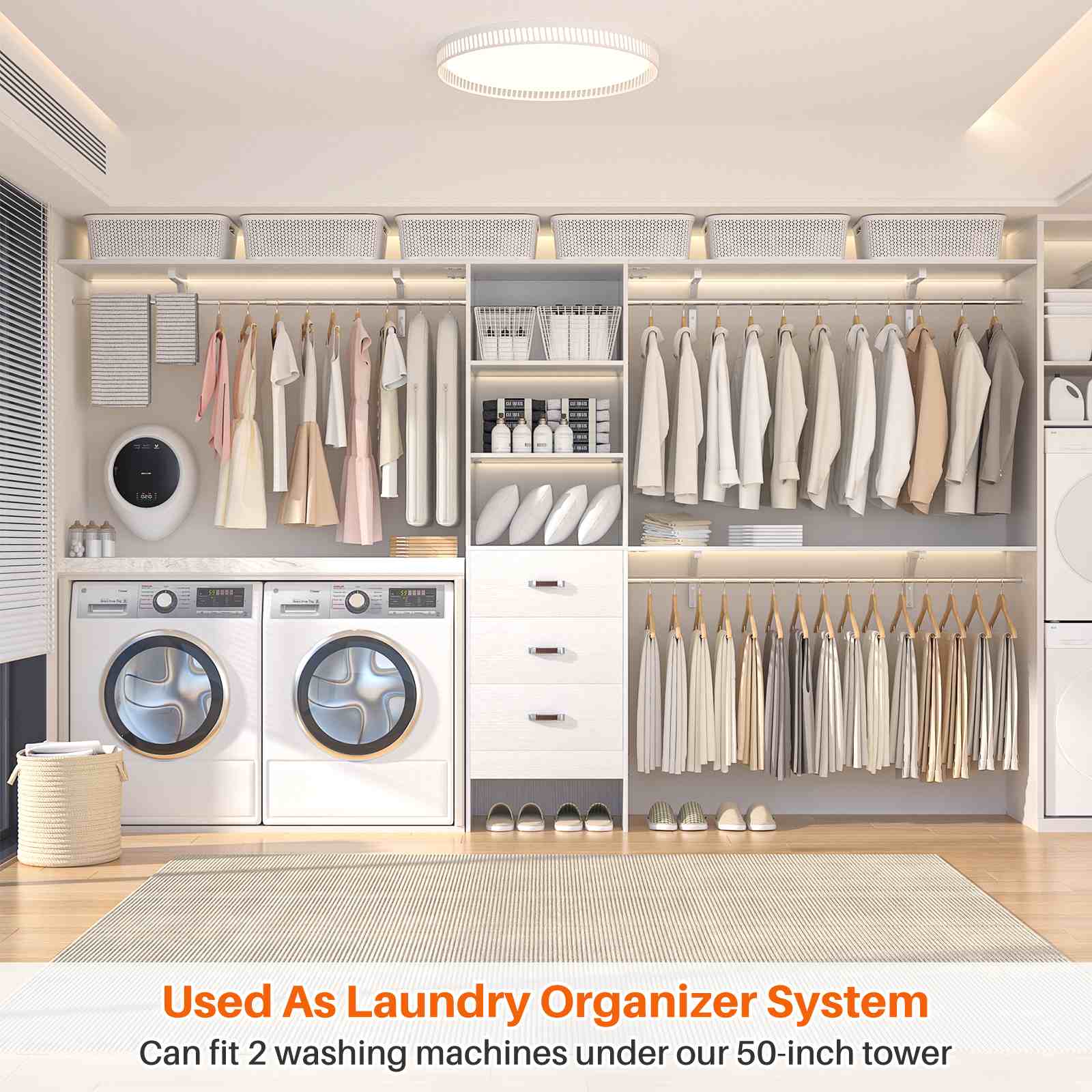 10FT Heavy Duty Closet System with 3 Wooden Drawers, 3 Shelving Towers and Expandable Rods