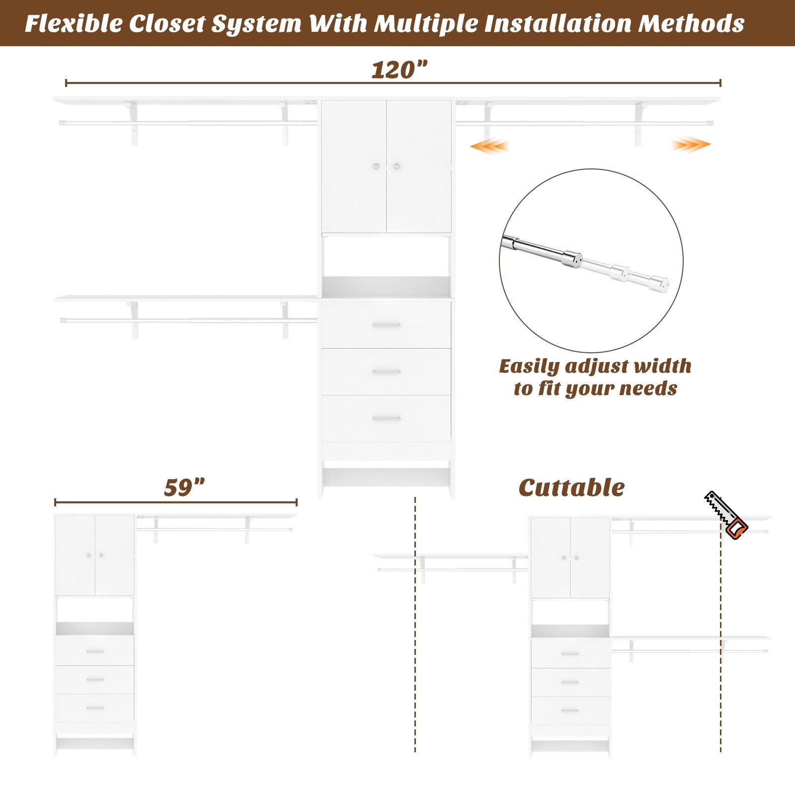 120" Heavy Duty Closet System with Cabinet Doors and 3 Wooden Drawers