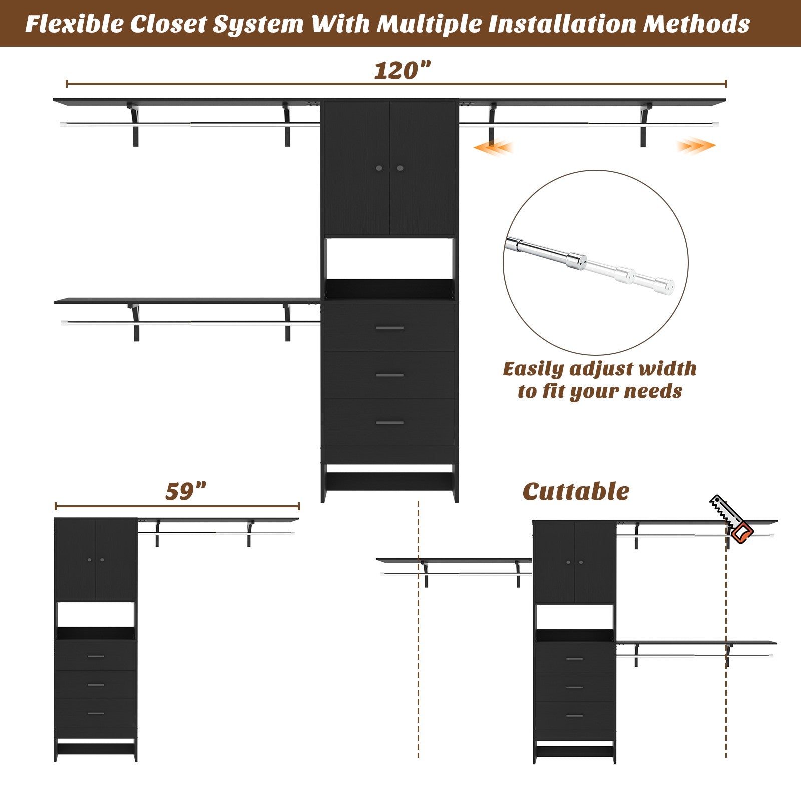 120" Heavy Duty Closet System with Cabinet Doors and 3 Wooden Drawers