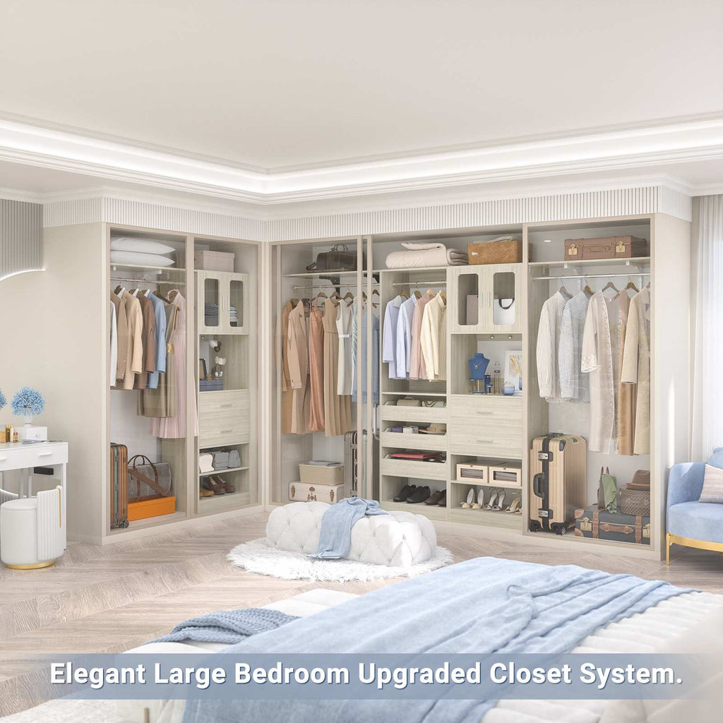40''-120" Closet System Set 2 with 3 Half-Open Drawers, Shelving Towers, Hanging Rods and 2 Big Wing Shelves