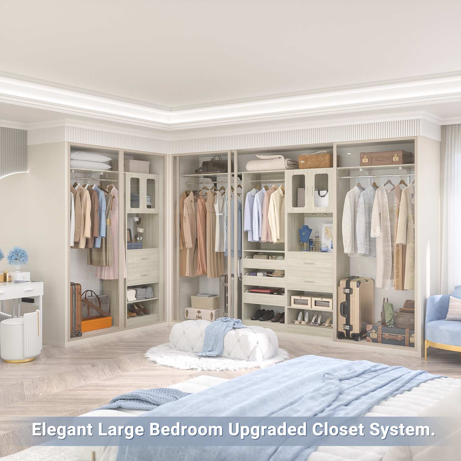 40''-120" Closet System Set 2 with 3 Half-Open Drawers, Shelving Towers, Hanging Rods and 2 Big Wing Shelves
