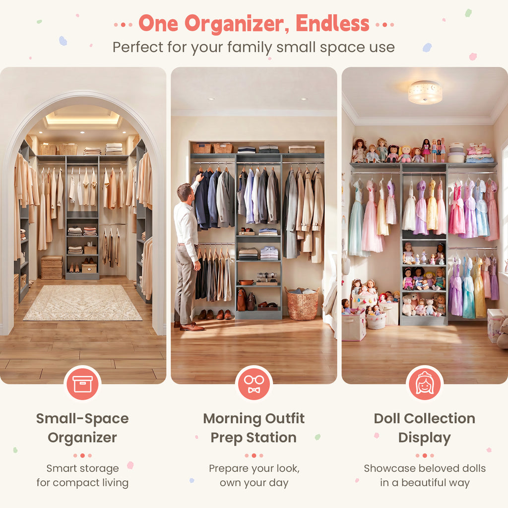 48" Small Closet System, Space-Saving Wall-Mounted Wardrobe Organizer, with 3 Adjustable Hanging Rods & 4 Shelves