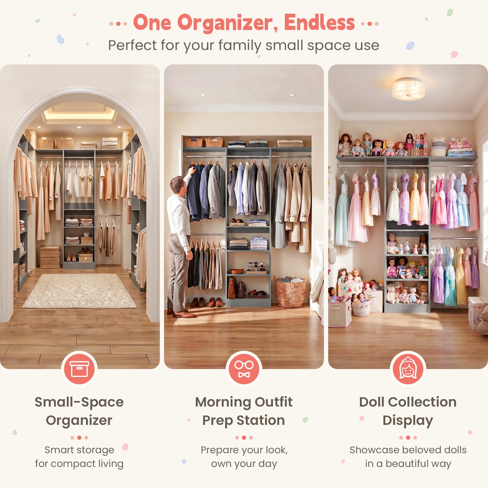 48" Small Closet System, Space-Saving Wall-Mounted Wardrobe Organizer, with 3 Adjustable Hanging Rods & 4 Shelves