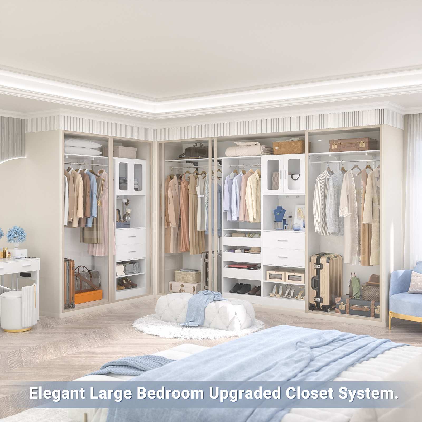 40''-120" Closet System Set 2 with 3 Half-Open Drawers, Shelving Towers, Hanging Rods and 2 Big Wing Shelves