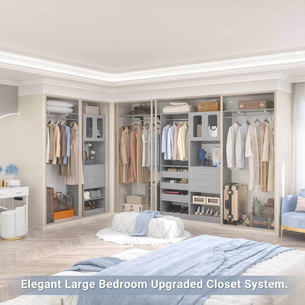 40''-120" Closet System Set 2 with 3 Half-Open Drawers, Shelving Towers, Hanging Rods and 2 Big Wing Shelves