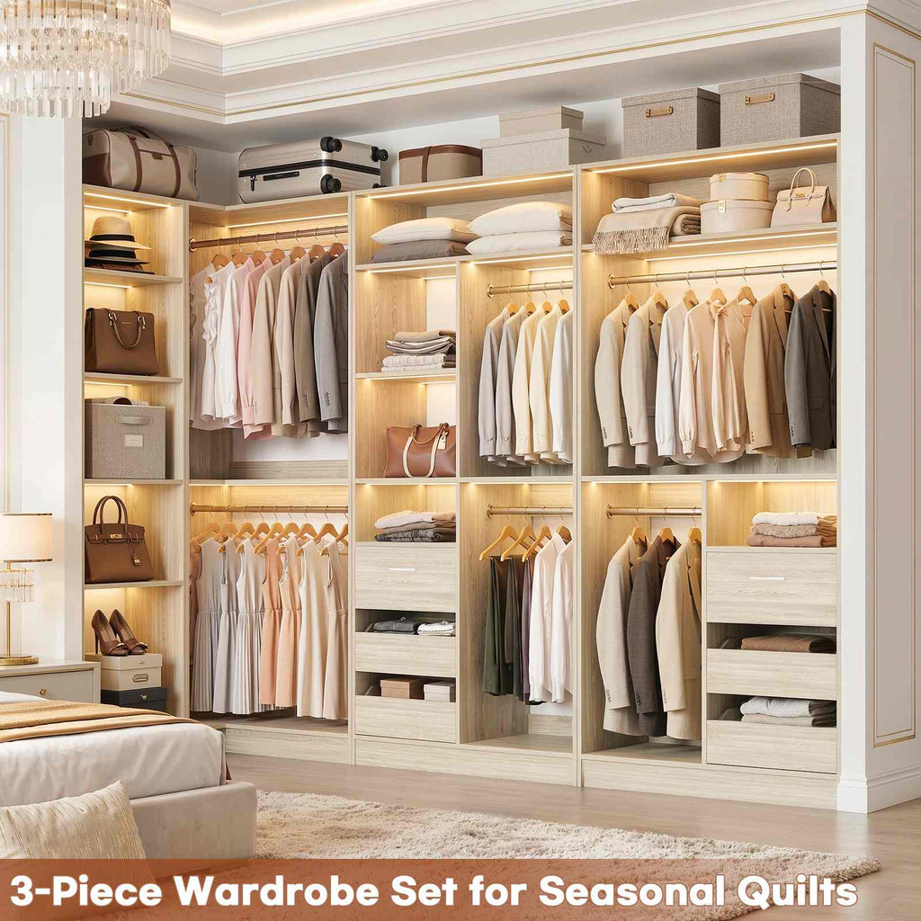 108" L-Shaped Closet System with 6 Drawers, 9FT Corner Closet System with 6 Hanging Rods & Corner Tower