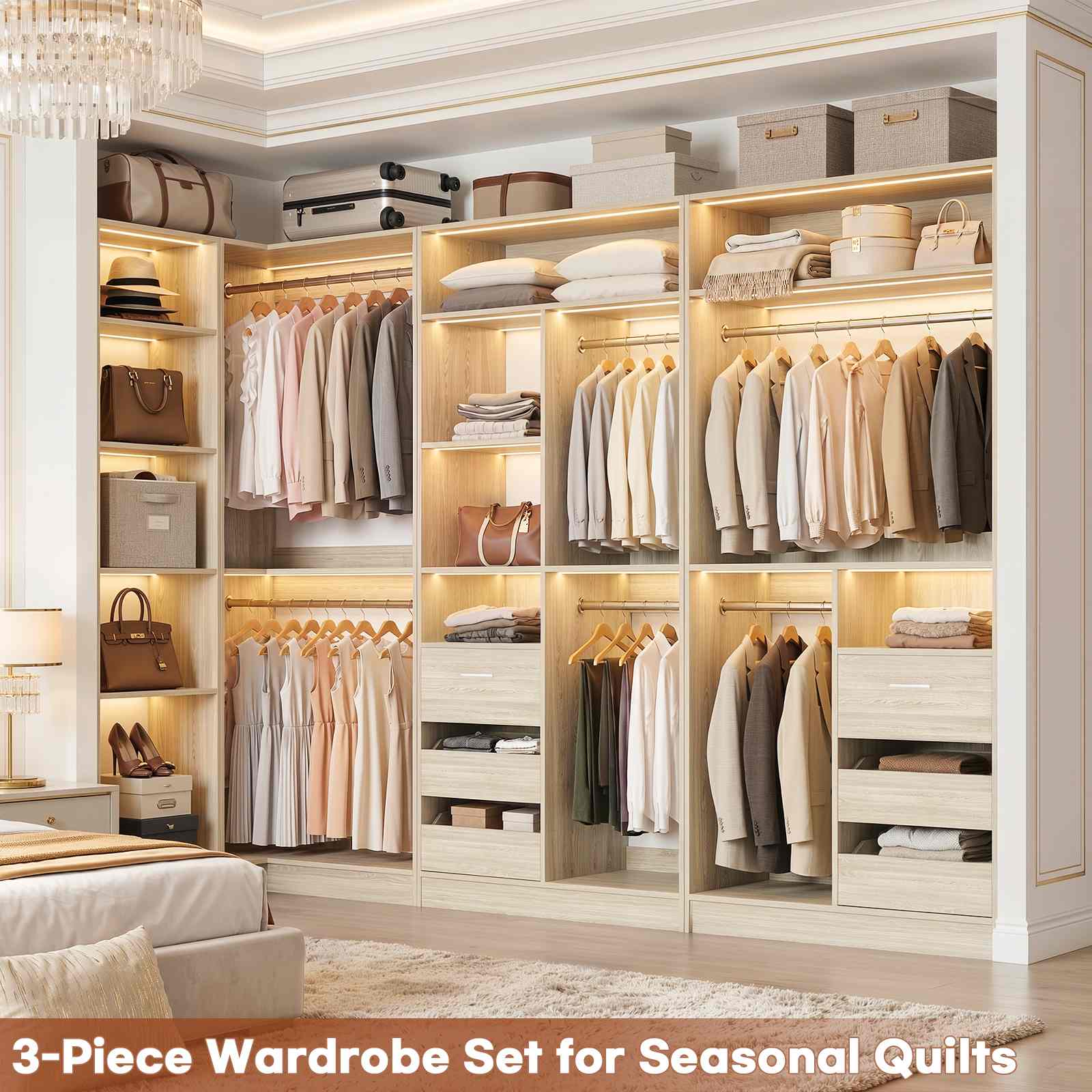 108" L-Shaped Closet System with 6 Drawers, 9FT Corner Closet System with 6 Hanging Rods & Corner Tower