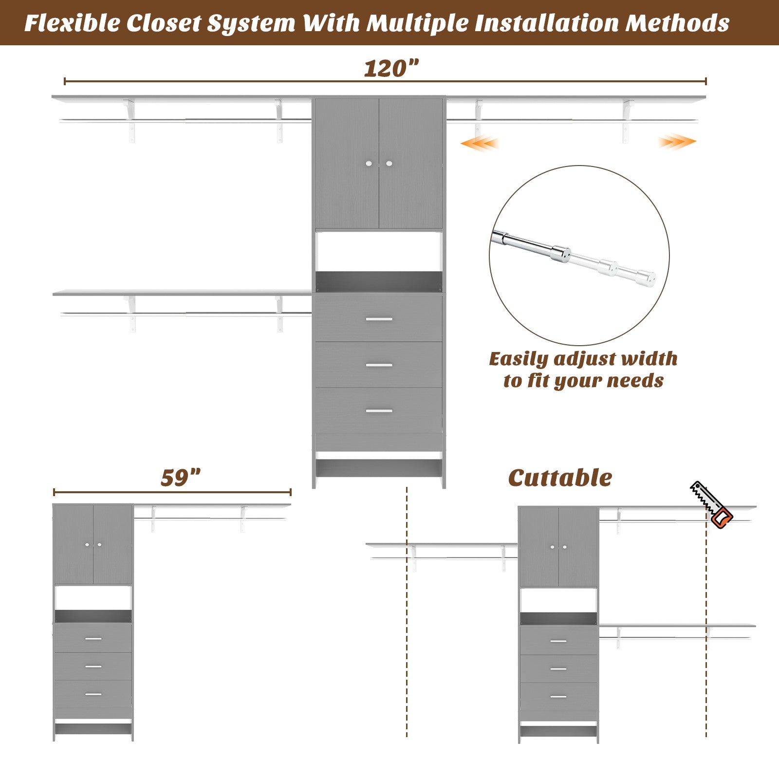120" Heavy Duty Closet System with Cabinet Doors and 3 Wooden Drawers