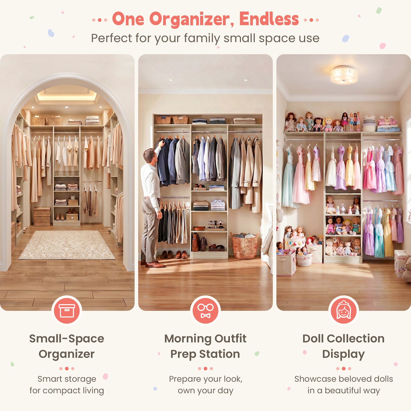 48" Small Closet System, Space-Saving Wall-Mounted Wardrobe Organizer, with 3 Adjustable Hanging Rods & 4 Shelves
