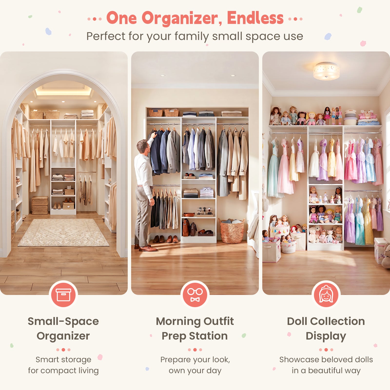 48" Small Closet System, Space-Saving Wall-Mounted Wardrobe Organizer, with 3 Adjustable Hanging Rods & 4 Shelves