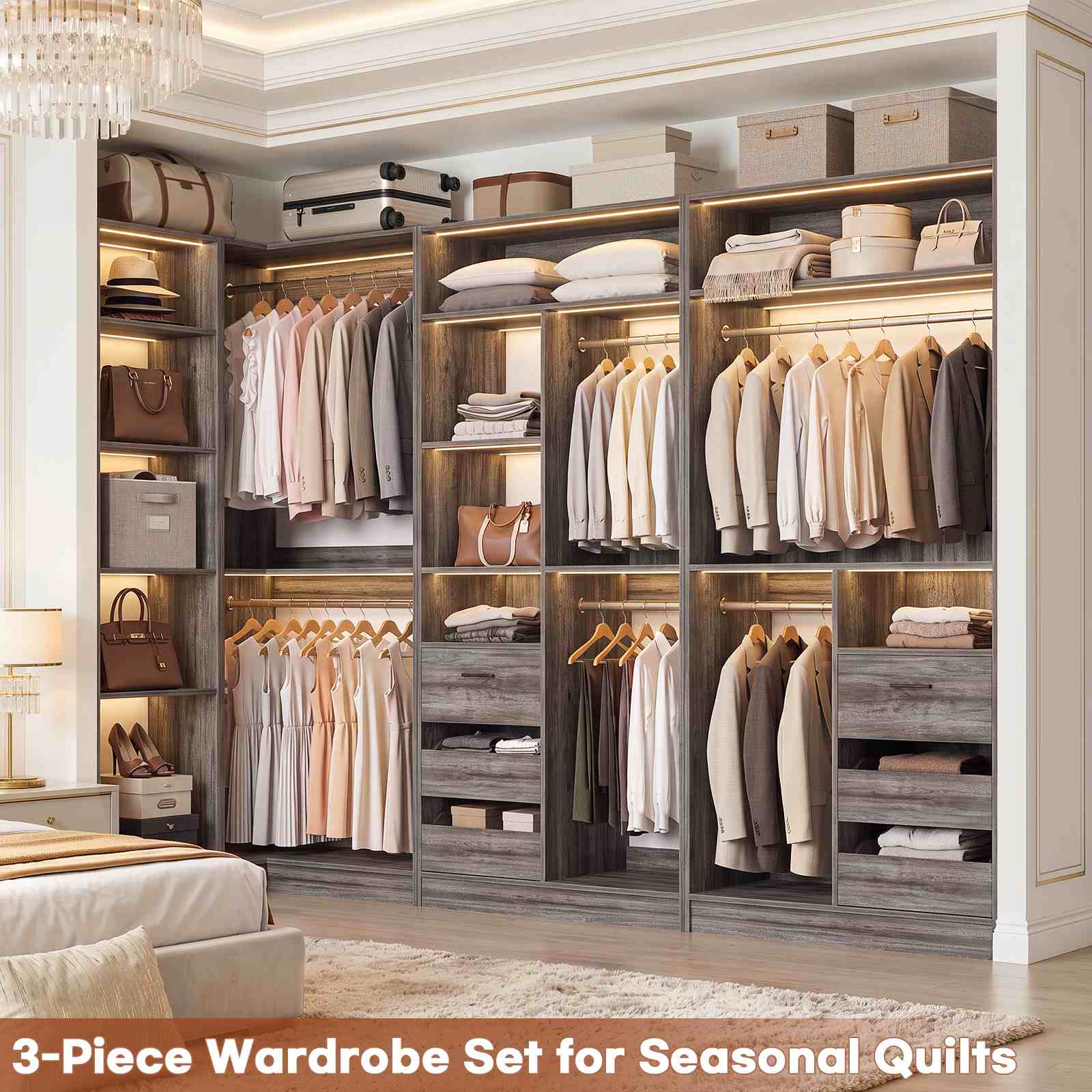 108" L-Shaped Closet System with 6 Drawers, 9FT Corner Closet System with 6 Hanging Rods & Corner Tower