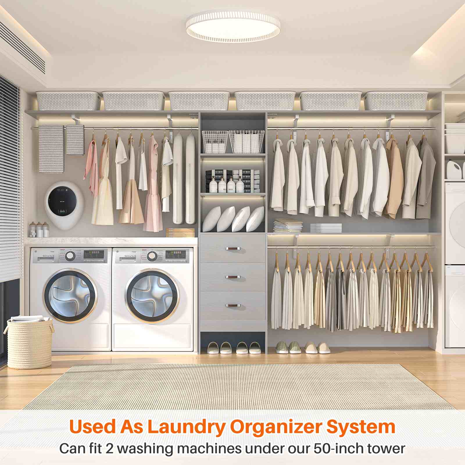 10FT Heavy Duty Closet System with 3 Wooden Drawers, 3 Shelving Towers and Expandable Rods