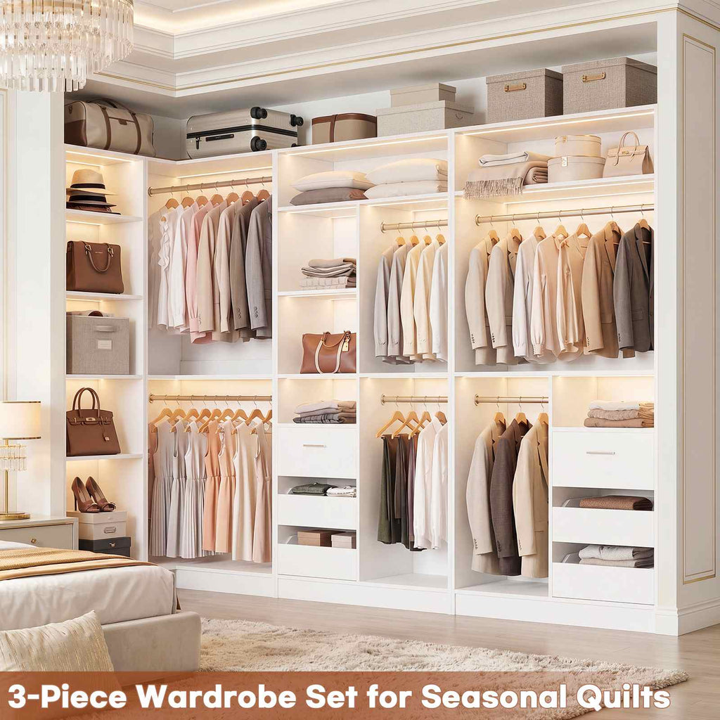 108" L-Shaped Closet System with 6 Drawers, 9FT Corner Closet System with 6 Hanging Rods & Corner Tower