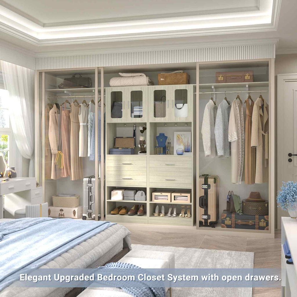 80" Tall x 60" Wide Closet System with Doors, Wooden Drawers, Big Wing Shelf and Hanging Rod