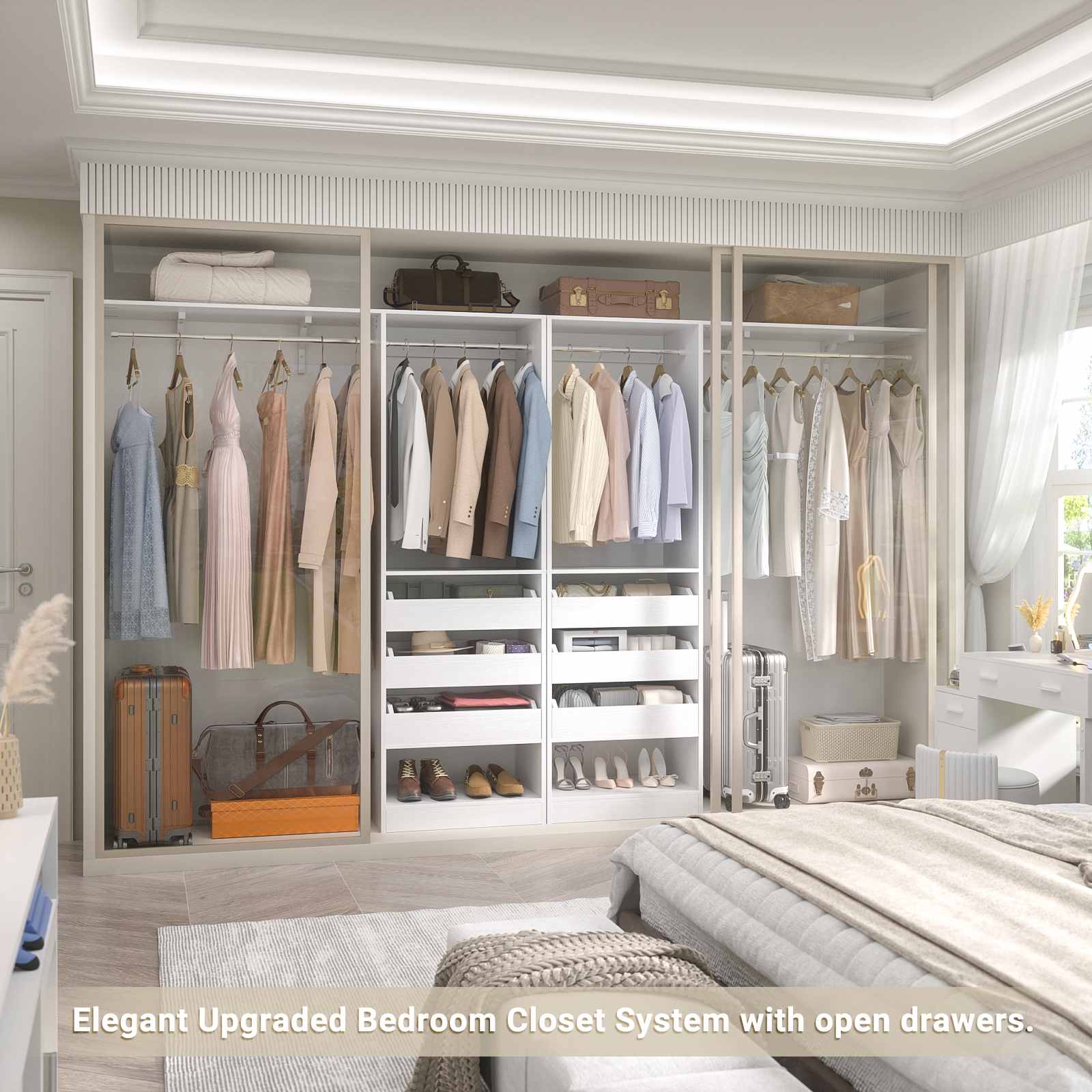 80" Tall x 60" Wide Closet System with 3 Half-Open Wooden Drawers,  2 Hanging Rods and Big Wing Shelf