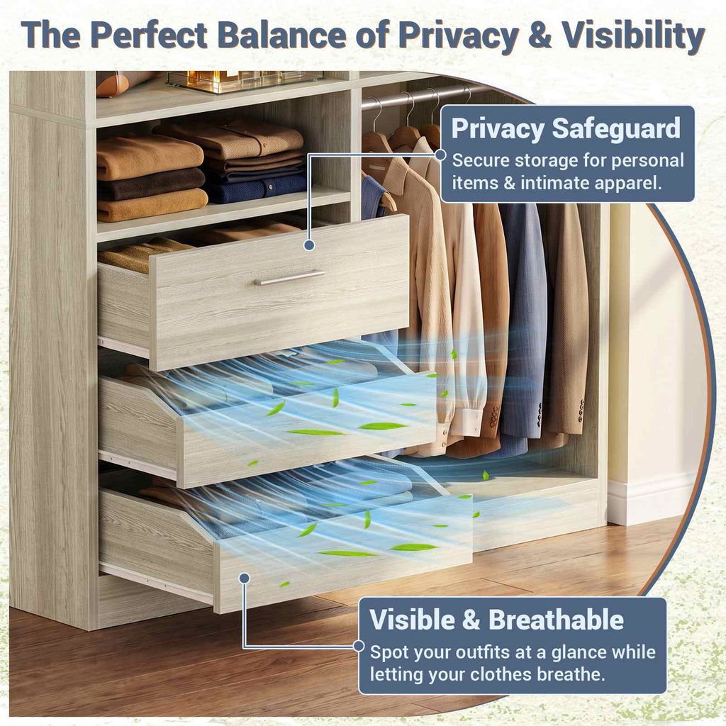 3FT Closet System with 6 Shelves, 2 Hanging Rod, Closed & 2 Half-Open Drawers
