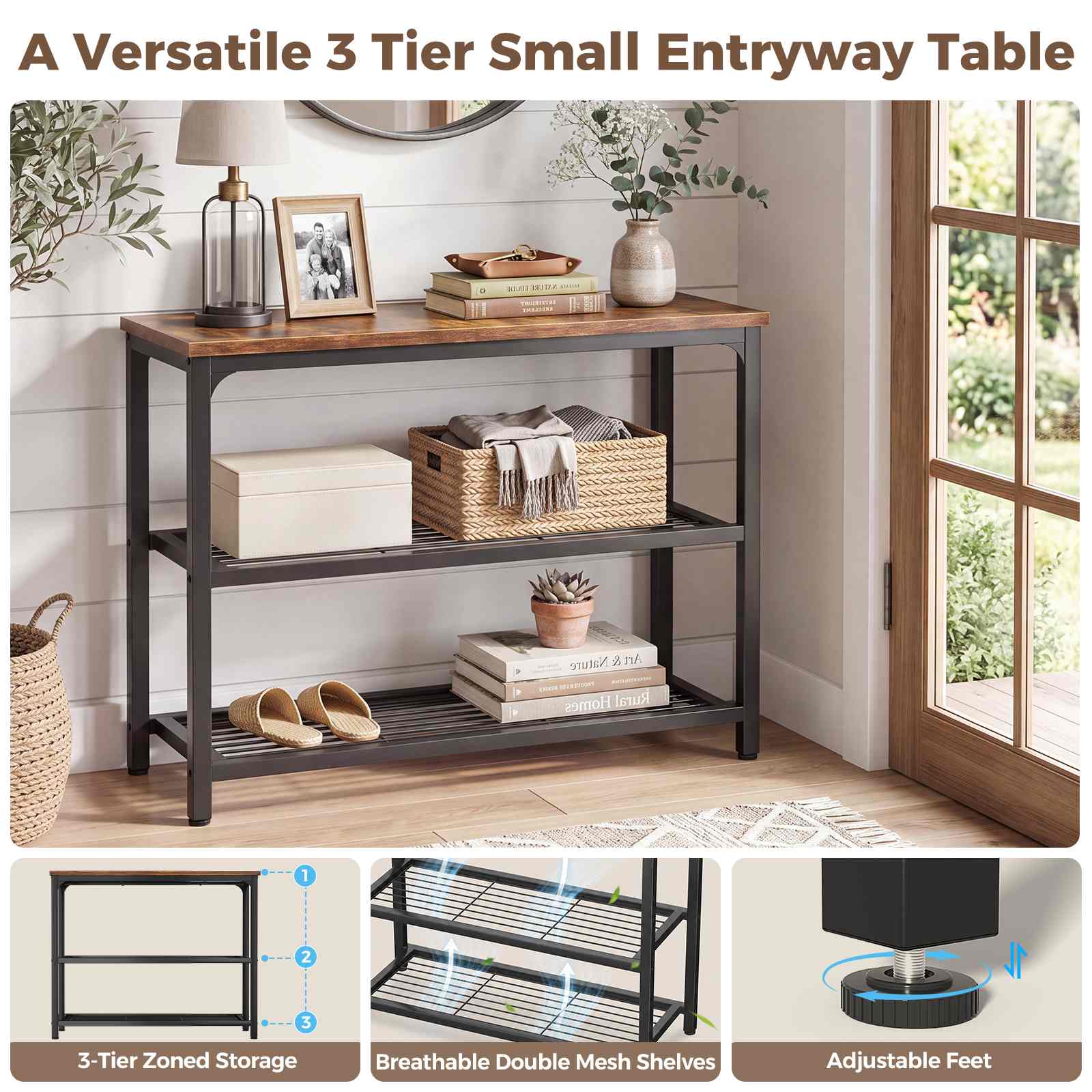 32" 3-Tier Small Entryway Table with Double Mesh Shelves