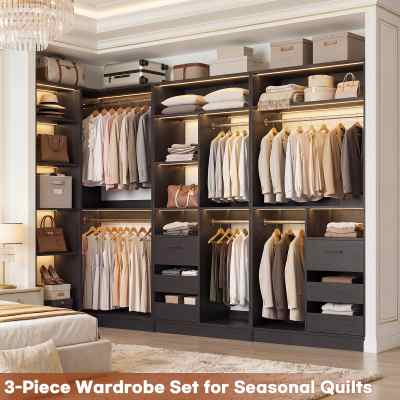 108" L-Shaped Closet System with 6 Drawers, 9FT Corner Closet System with 6 Hanging Rods & Corner Tower