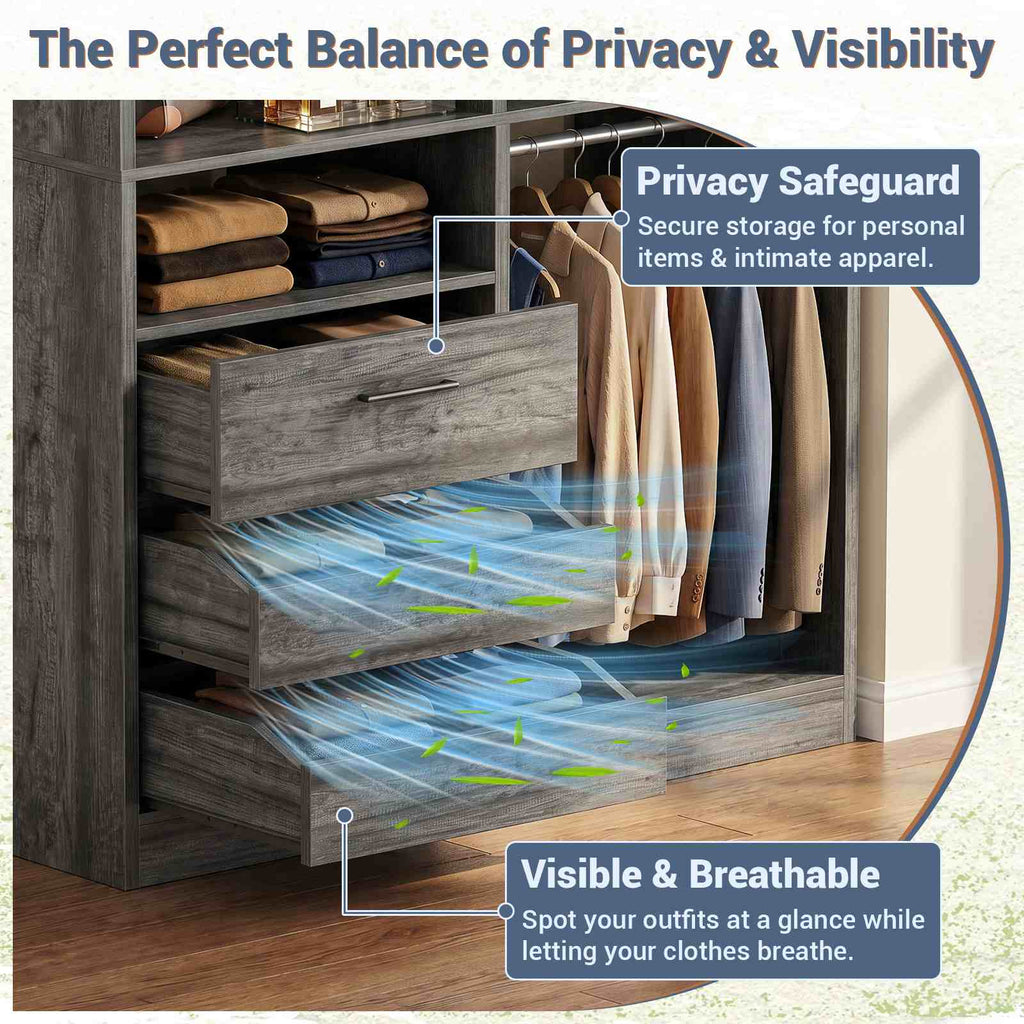 3FT Closet System with 6 Shelves, 2 Hanging Rod, Closed & 2 Half-Open Drawers