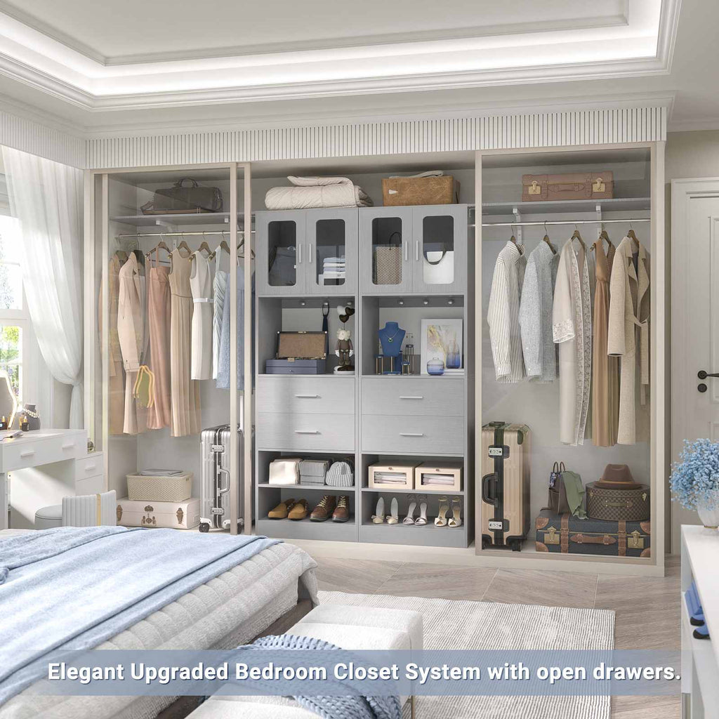 80" Tall x 60" Wide Closet System with Doors, Wooden Drawers, Big Wing Shelf and Hanging Rod
