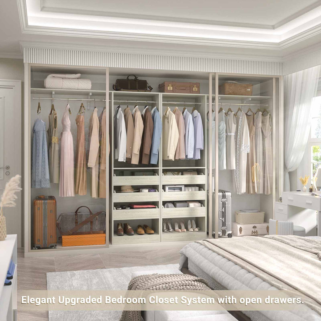 80" Tall x 60" Wide Closet System with 3 Half-Open Wooden Drawers,  2 Hanging Rods and Big Wing Shelf