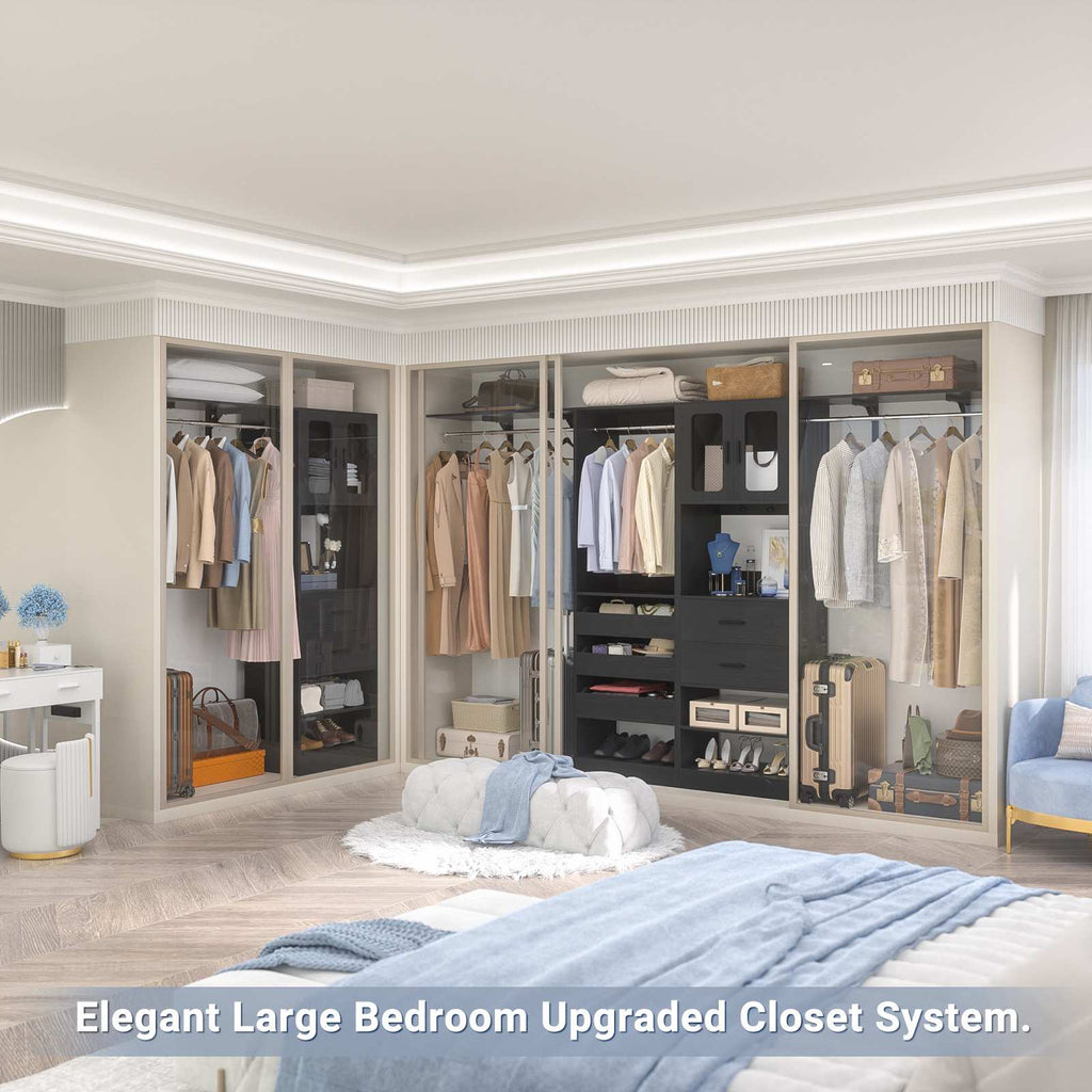 40''-120" Closet System Set 2 with 3 Half-Open Drawers, Shelving Towers, Hanging Rods and 2 Big Wing Shelves