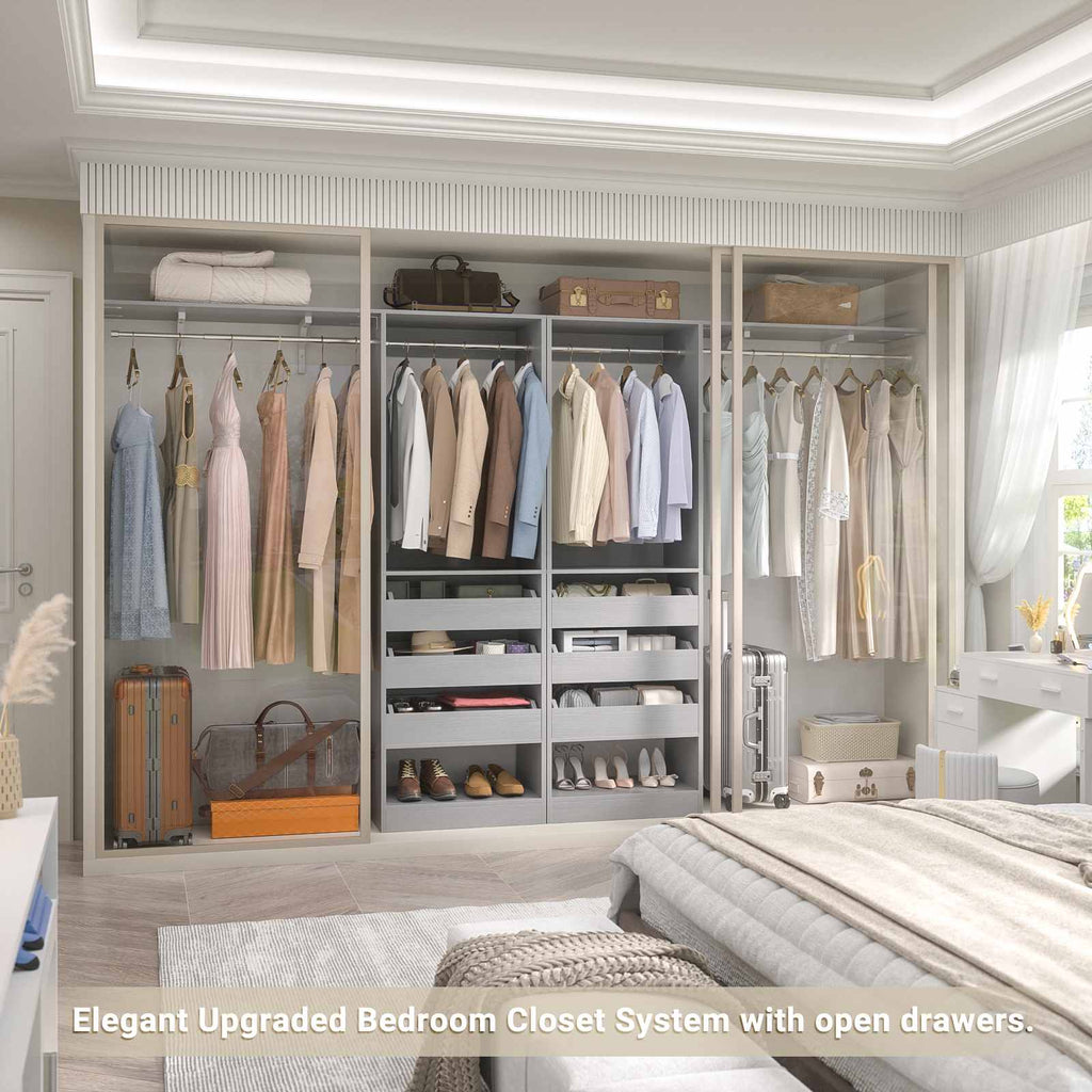 80" Tall x 60" Wide Closet System with 3 Half-Open Wooden Drawers,  2 Hanging Rods and Big Wing Shelf