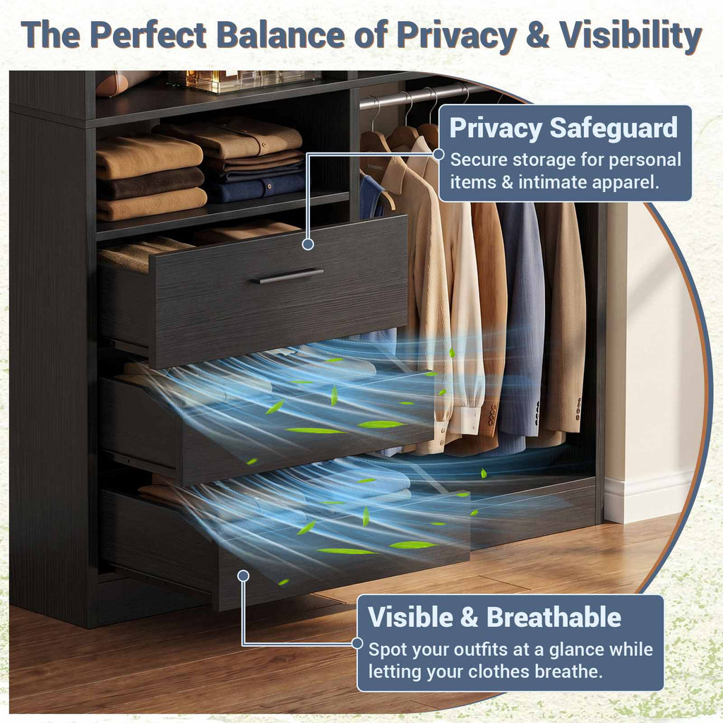 3FT Closet System with 6 Shelves, 2 Hanging Rod, Closed & 2 Half-Open Drawers
