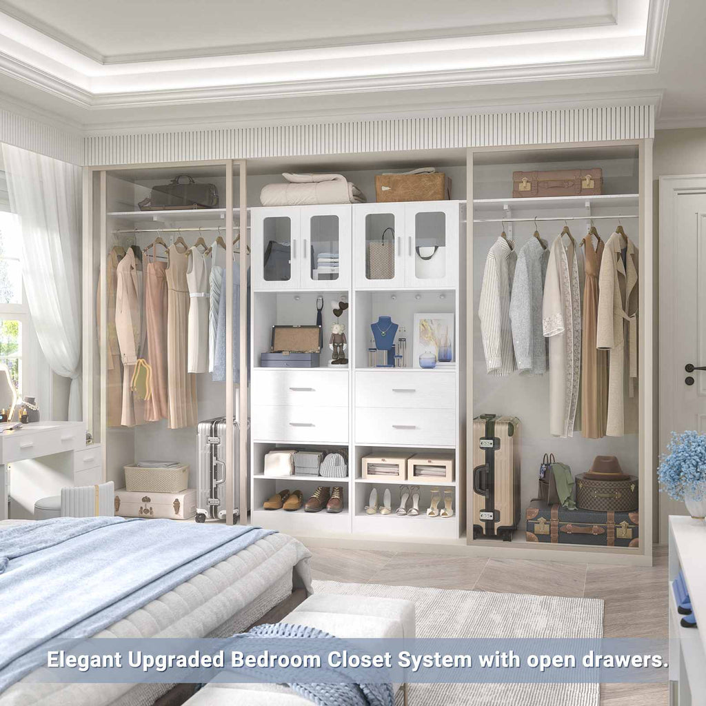 80" Tall x 60" Wide Closet System with Doors, Wooden Drawers, Big Wing Shelf and Hanging Rod