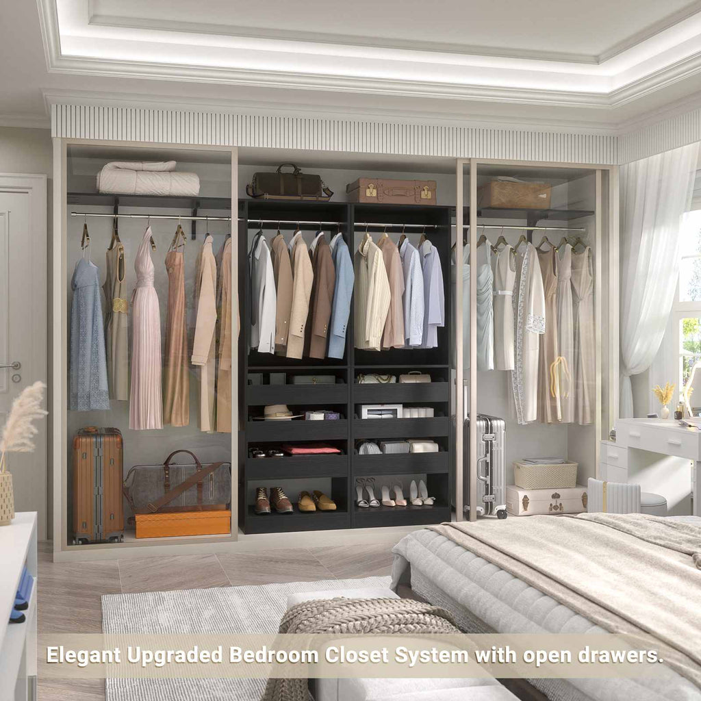 80" Tall x 60" Wide Closet System with 3 Half-Open Wooden Drawers,  2 Hanging Rods and Big Wing Shelf