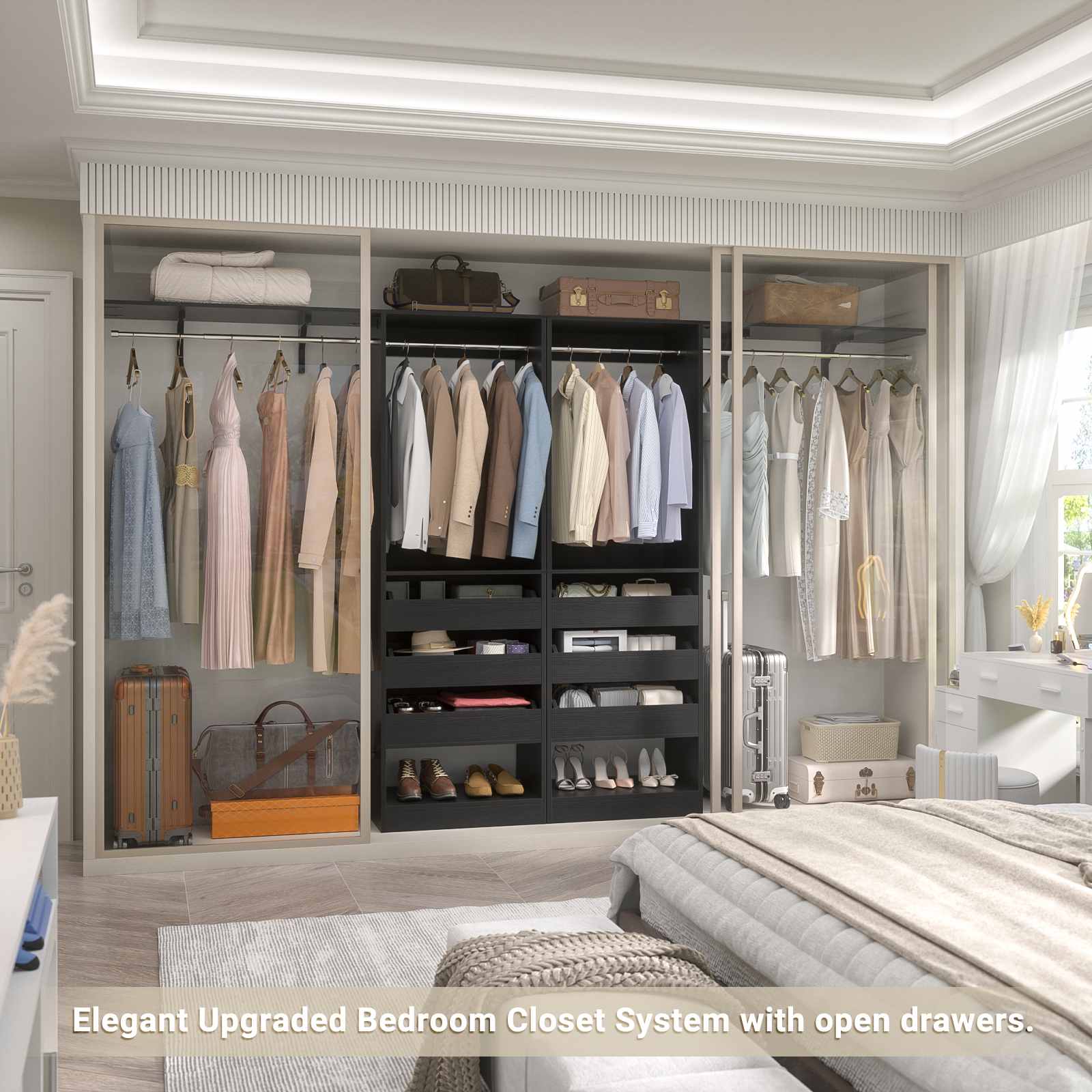 80" Tall x 60" Wide Closet System with 3 Half-Open Wooden Drawers,  2 Hanging Rods and Big Wing Shelf