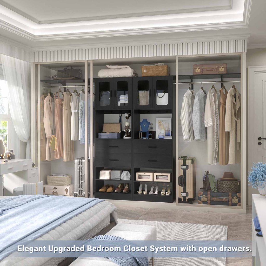 80" Tall x 60" Wide Closet System with Doors, Wooden Drawers, Big Wing Shelf and Hanging Rod
