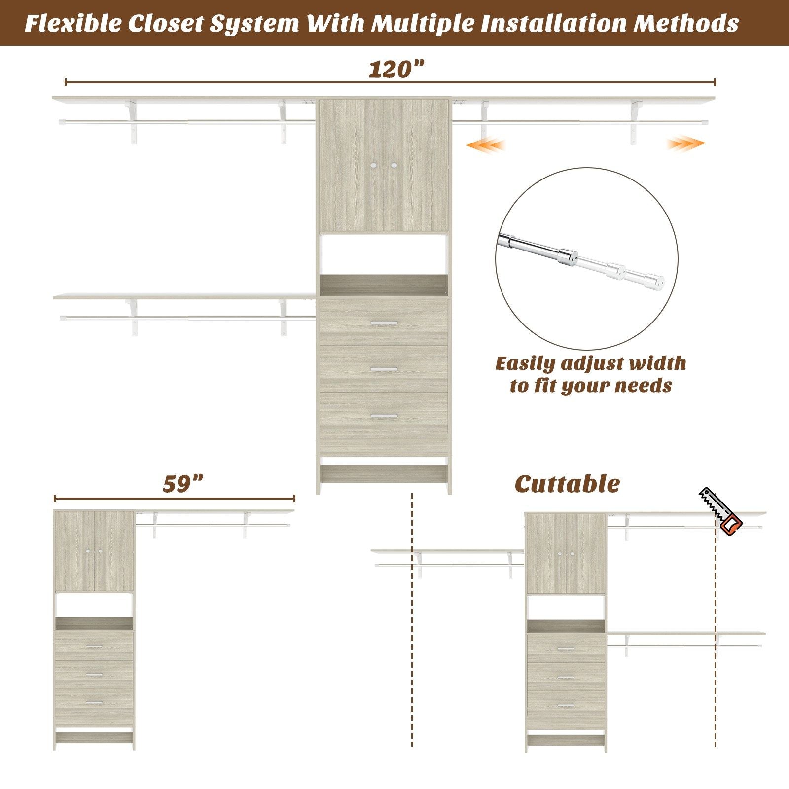 120" Heavy Duty Closet System with Cabinet Doors and 3 Wooden Drawers