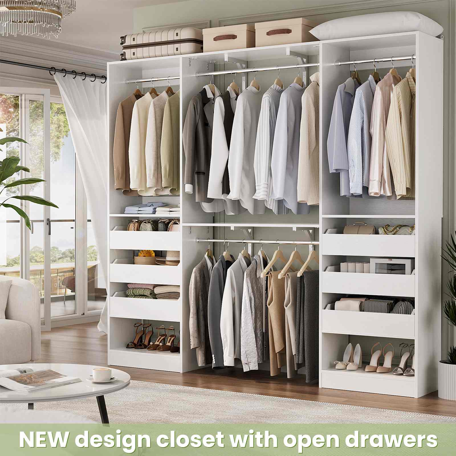 80" Tall x 60" Wide Closet System with 3 Half-Open Wooden Drawers,  2 Hanging Rods and Big Wing Shelf