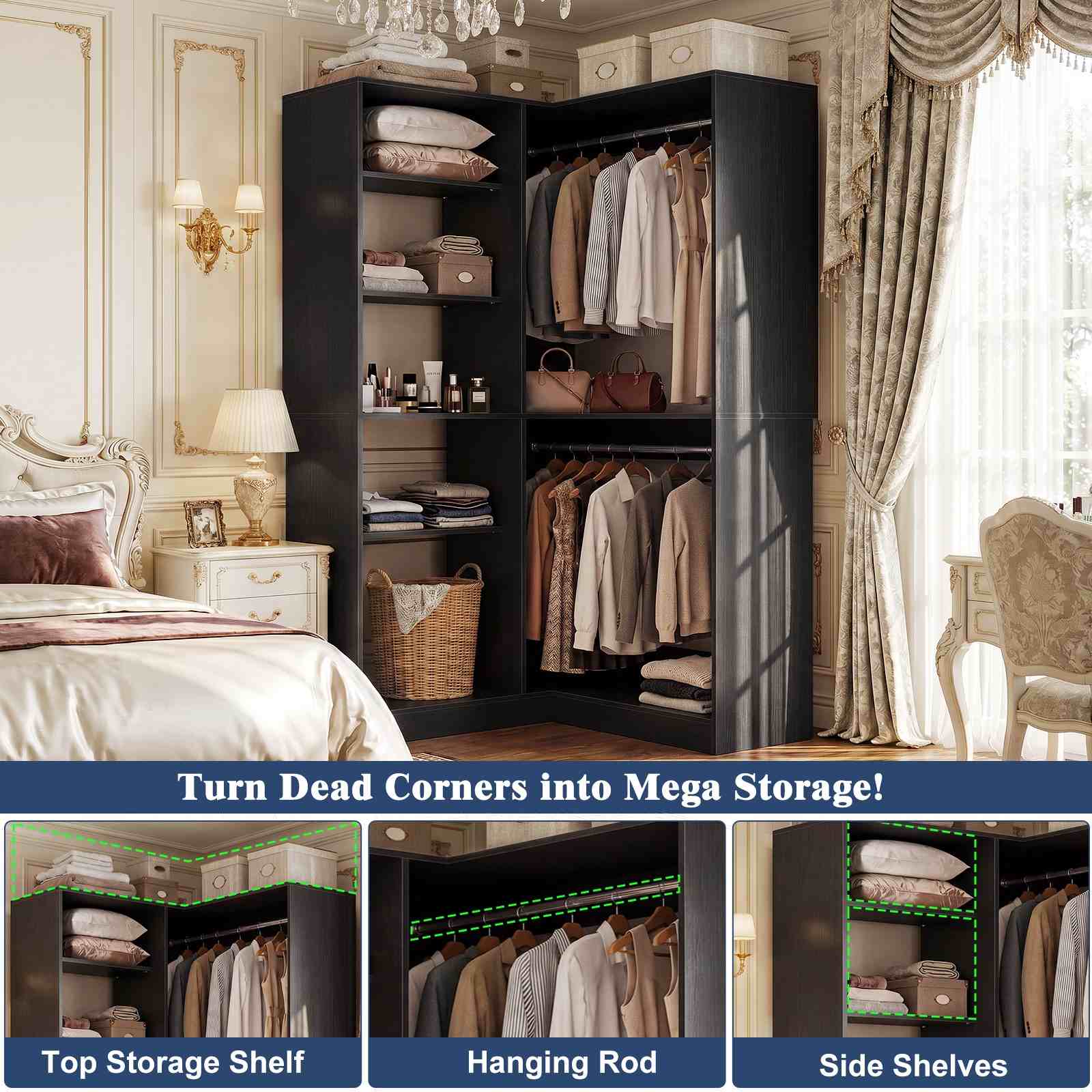 36'' Corner Closet System with 7 Shelves & 2 Hanging Rods, Load 800+LBS