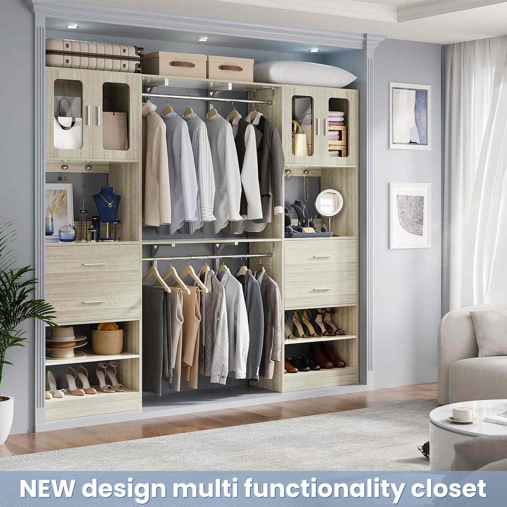 80" Tall x 60" Wide Closet System with Doors, Wooden Drawers, Big Wing Shelf and Hanging Rod