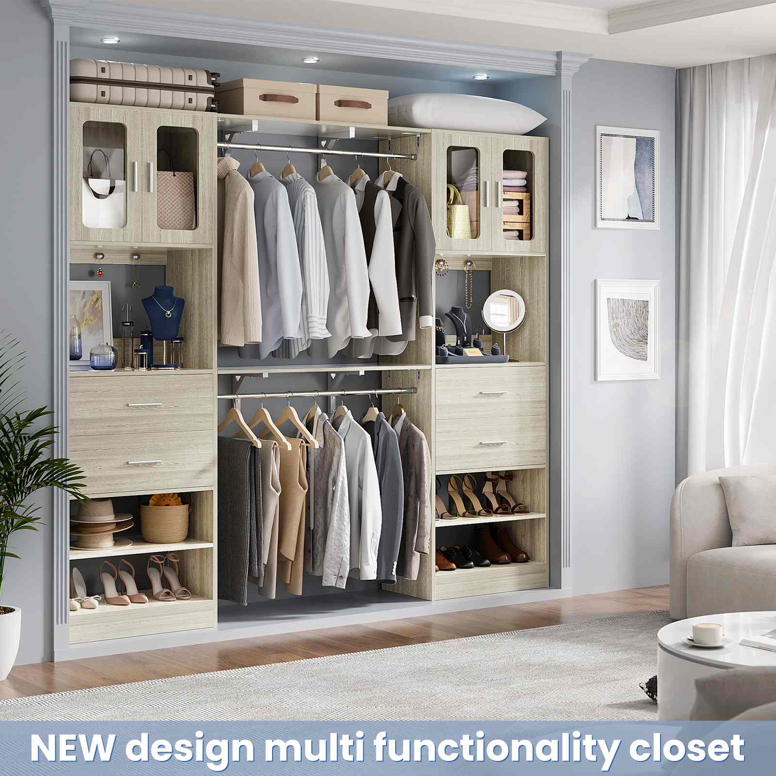 80" Tall x 60" Wide Closet System with Doors, Wooden Drawers, Big Wing Shelf and Hanging Rod