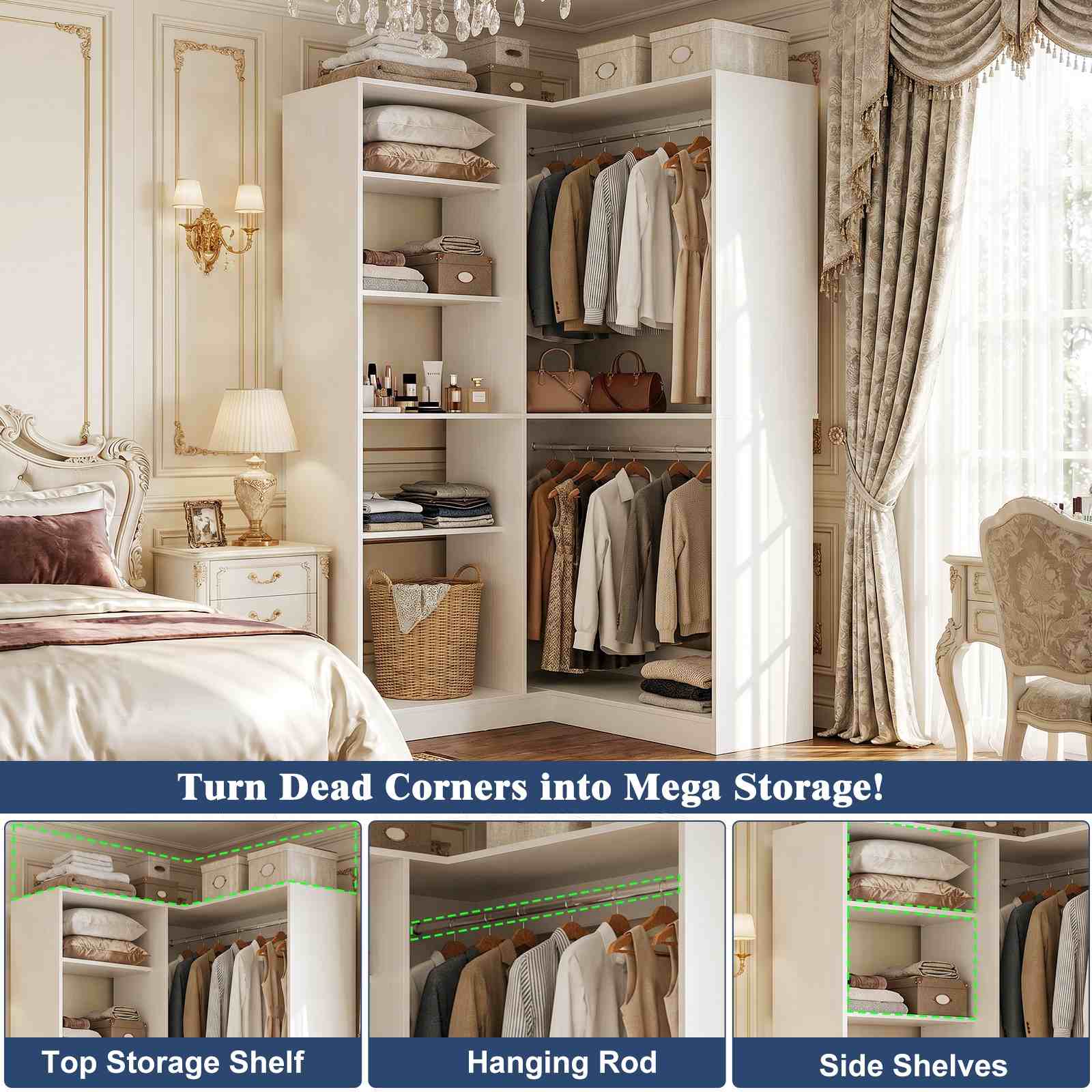 36'' Corner Closet System with 7 Shelves & 2 Hanging Rods, Load 800+LBS