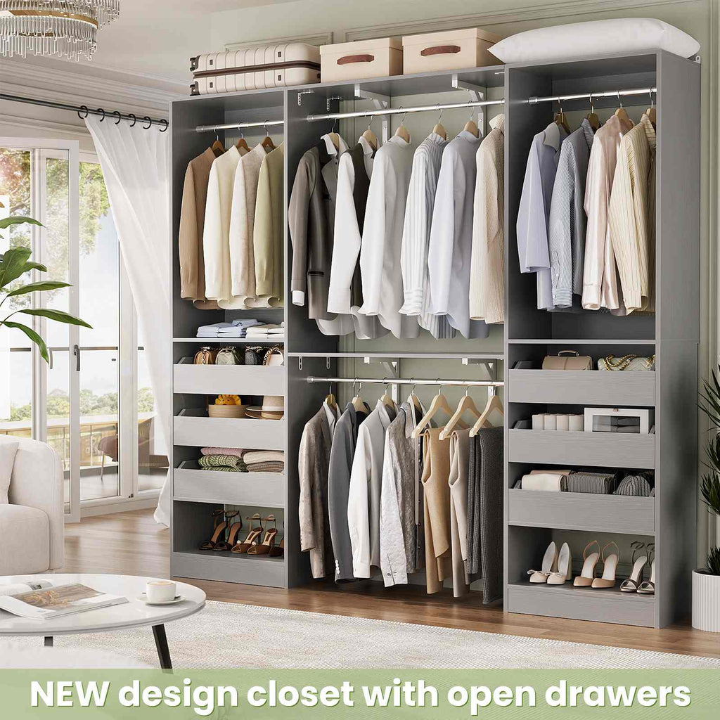 80" Tall x 60" Wide Closet System with 3 Half-Open Wooden Drawers,  2 Hanging Rods and Big Wing Shelf