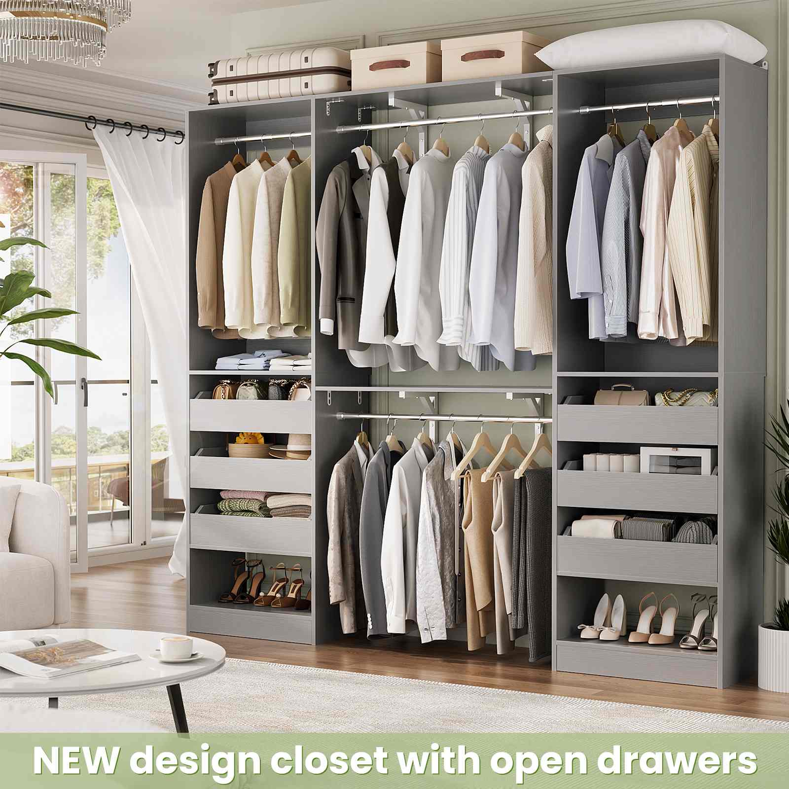 80" Tall x 60" Wide Closet System with 3 Half-Open Wooden Drawers,  2 Hanging Rods and Big Wing Shelf