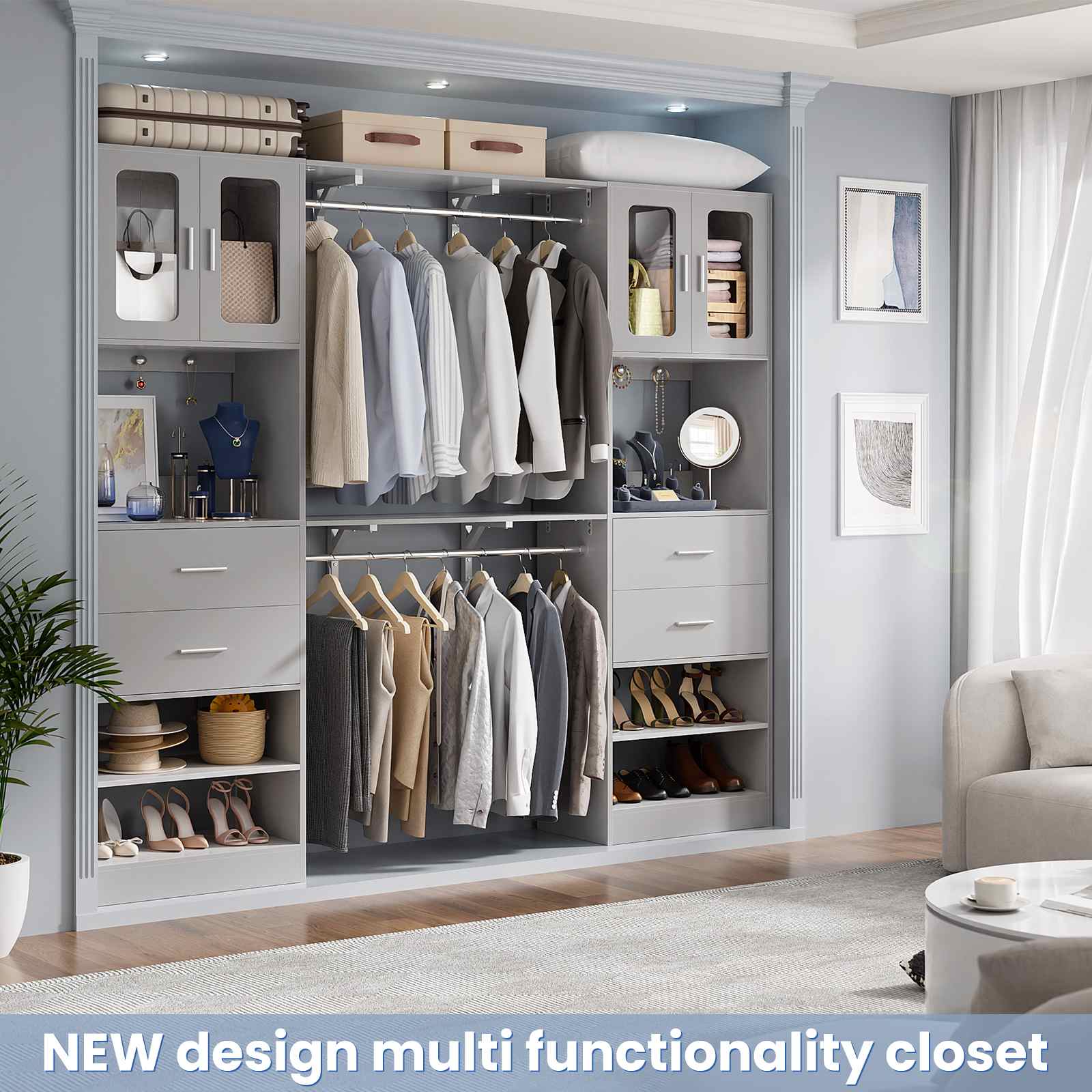80" Tall x 60" Wide Closet System with Doors, Wooden Drawers, Big Wing Shelf and Hanging Rod