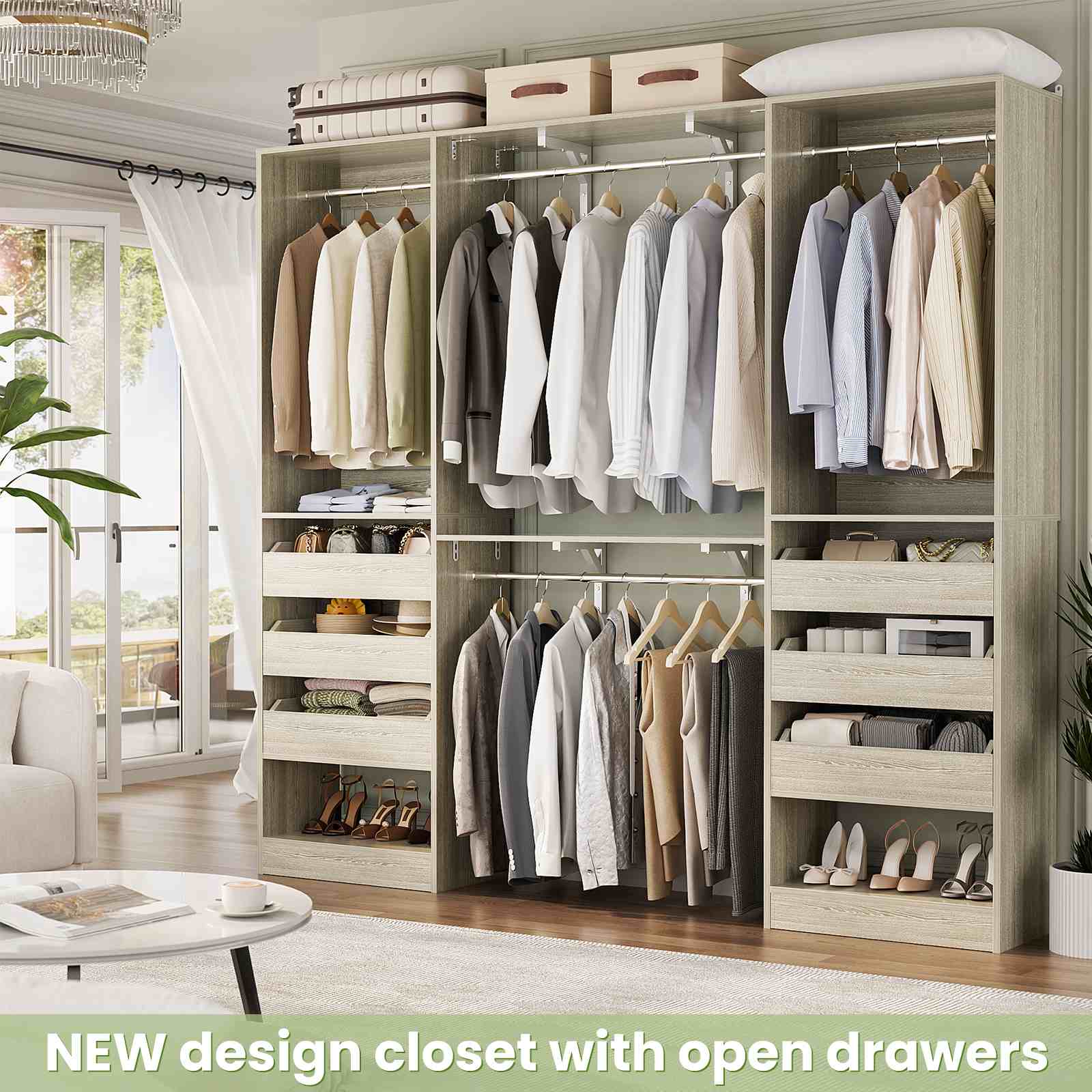 80" Tall x 60" Wide Closet System with 3 Half-Open Wooden Drawers,  2 Hanging Rods and Big Wing Shelf