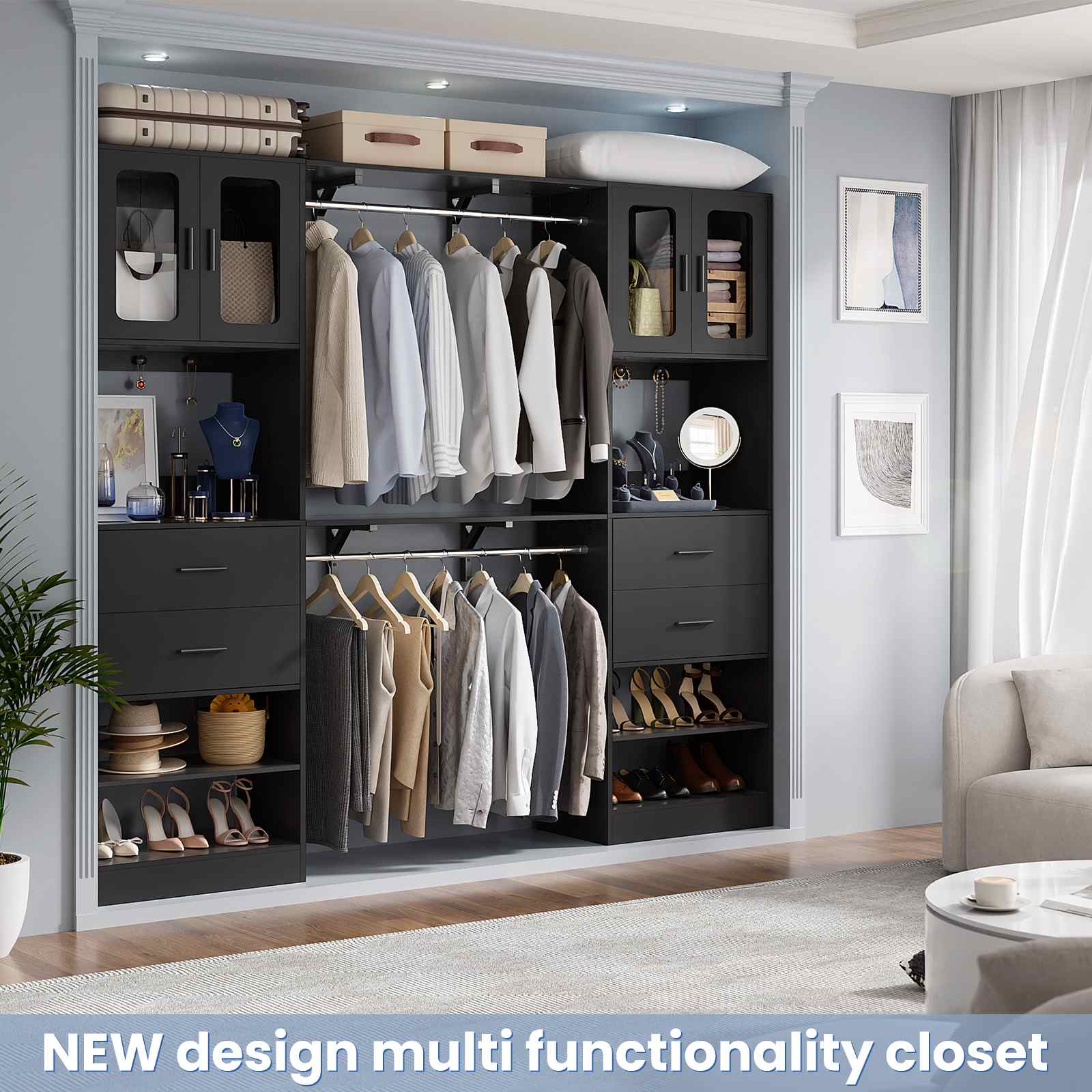 80" Tall x 60" Wide Closet System with Doors, Wooden Drawers, Big Wing Shelf and Hanging Rod