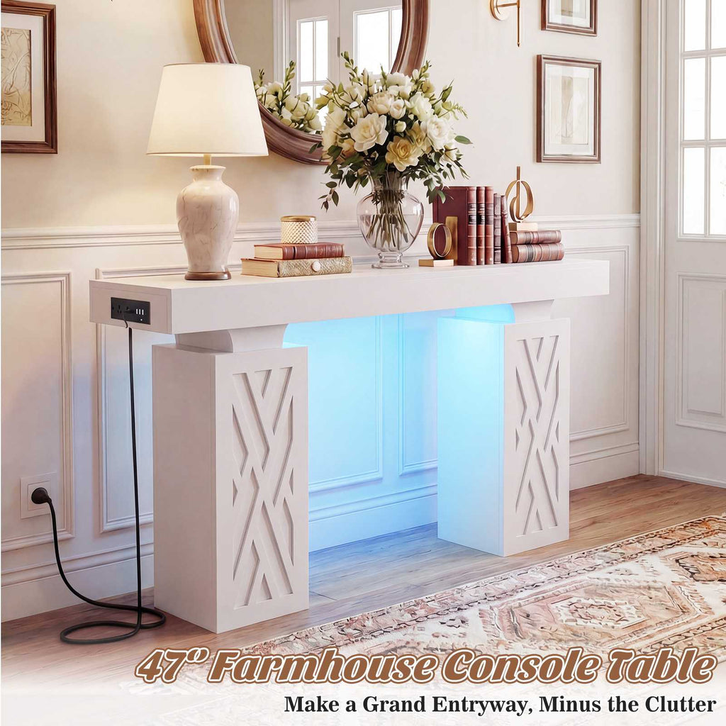 47.2'' Farmhouse Console Table with Charging Station and LED Lights