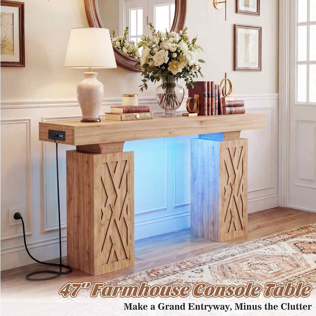 47.2'' Farmhouse Console Table with Charging Station and LED Lights